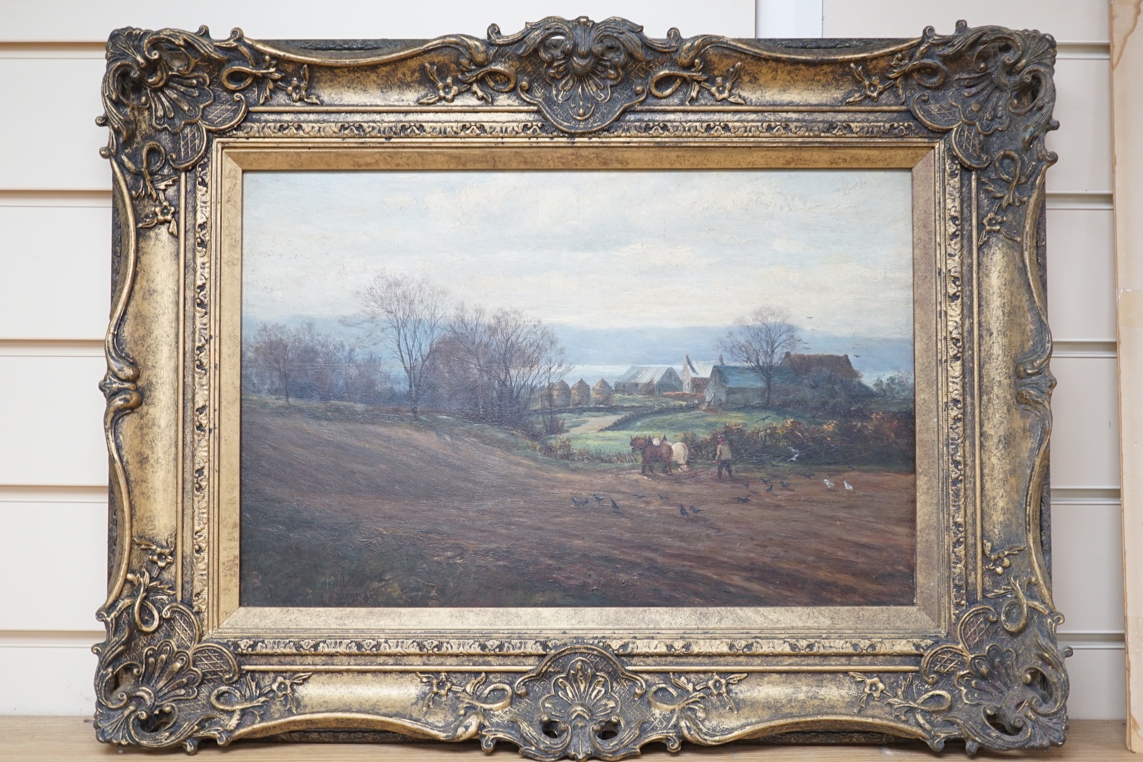 English School, oil on canvas, Ploughing scene, indistinctly signed, 29 x 44cm